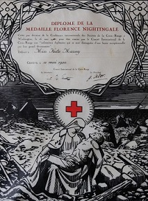 The diploma issued by the International Red Cross in Geneva on the award of the Florence Nightingale Medal to Kate Maxey.
